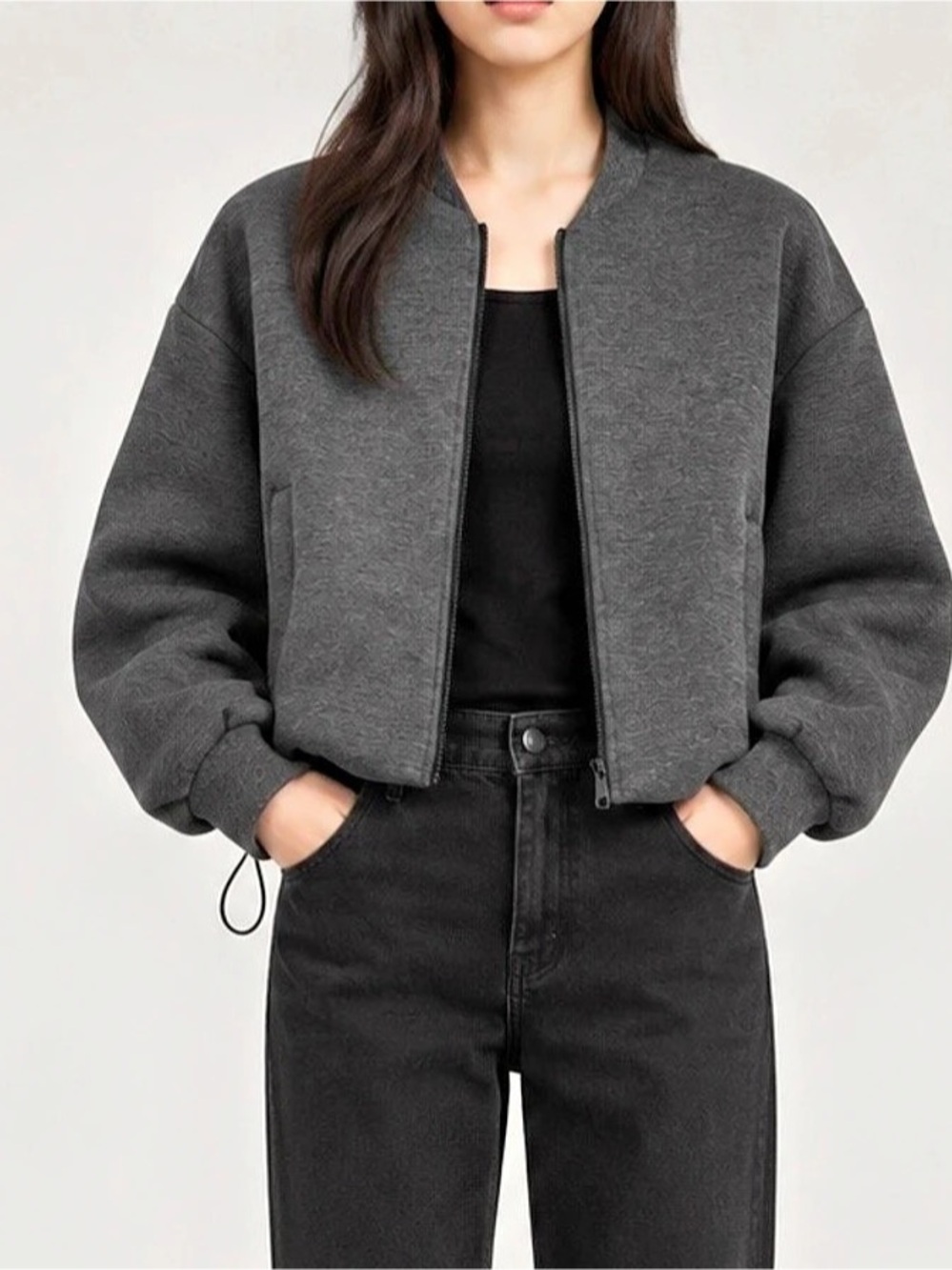 Zara Soft Neoprene Effect Bomber Jacket Cropped Bomber Jacket Gray & Black Small